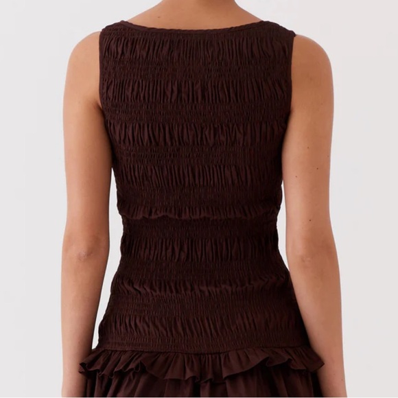 Peppermayo chocolate brown smocked mini dress with ruffle hem - Picture 2 of 4